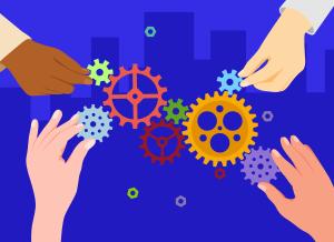 Graphic of four hands adjusting cogs of different colours on a dark blue background.