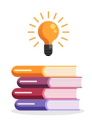 Graphic of a glowing lightbulb above four books.