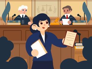 Graphic of a female lawyer presenting evidence in court.