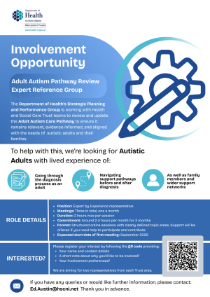 A picture of the poster with details on the involvement opportunity in relation to the Adult Autism Pathway Review work..