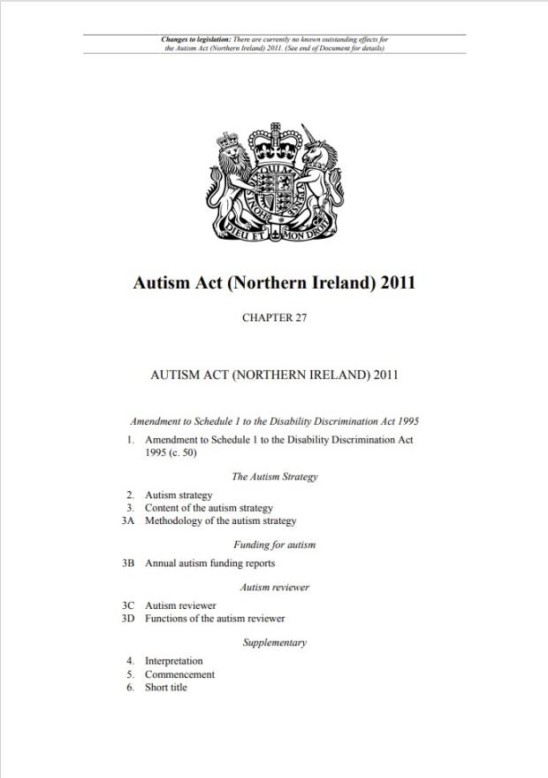Cover sheet of Northern Ireland's Autism legislation.